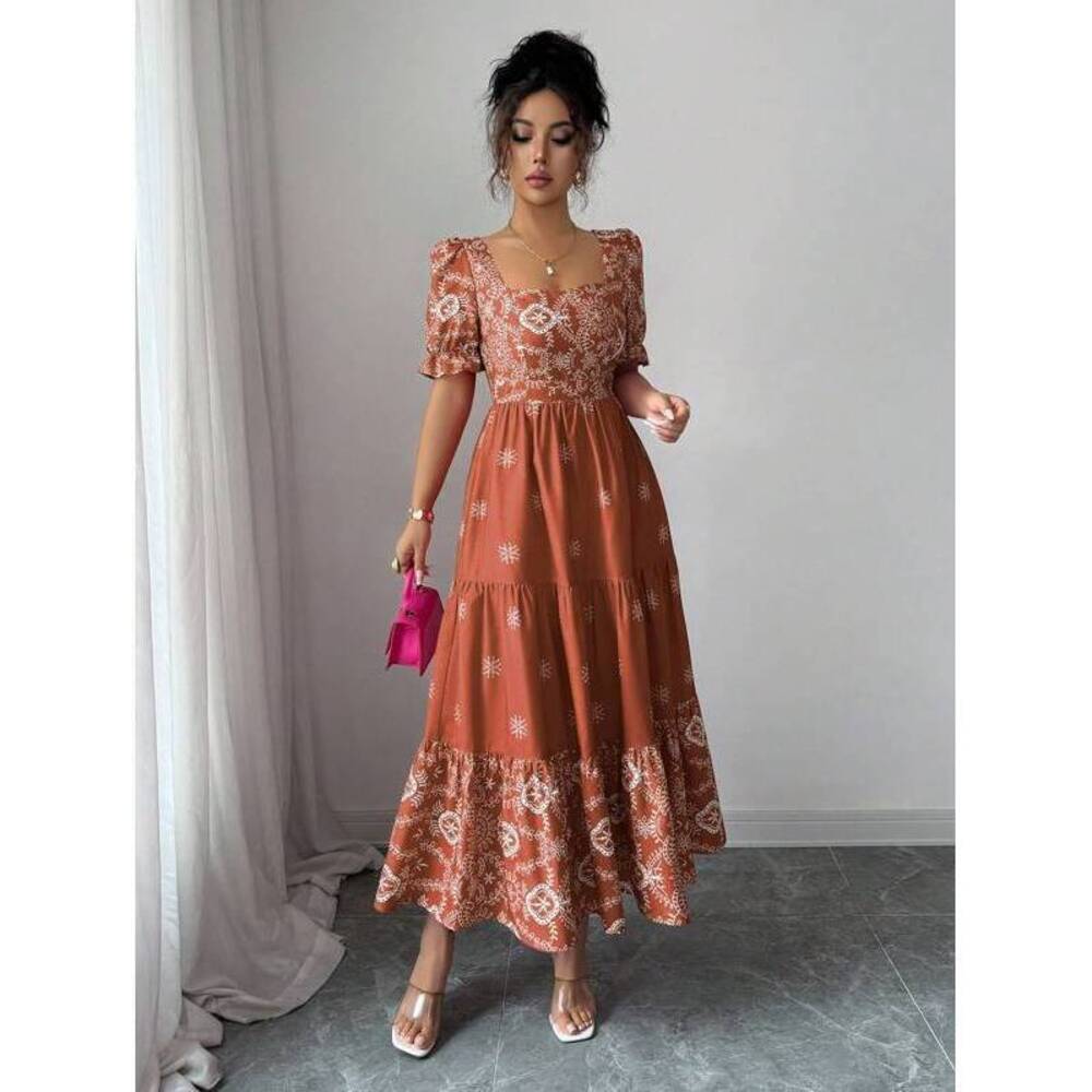 Elenzga Square Neck Waist Gathered A-Line Dress, Floral, F - Picture 4 of 6